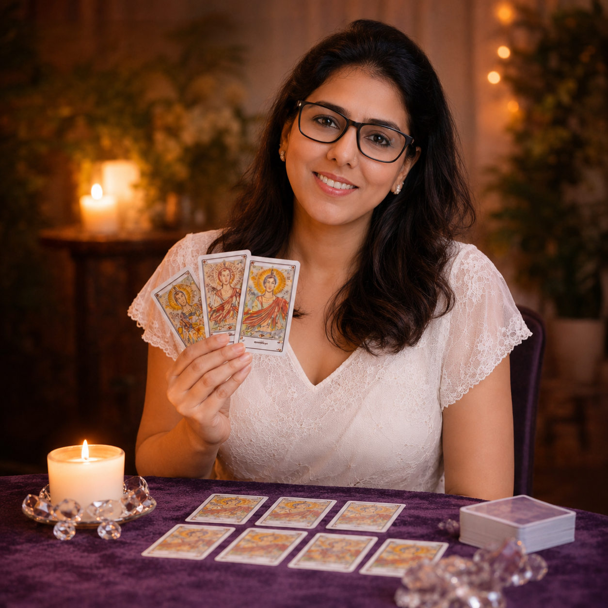Aditi Taneja smiling while holding tarot cards