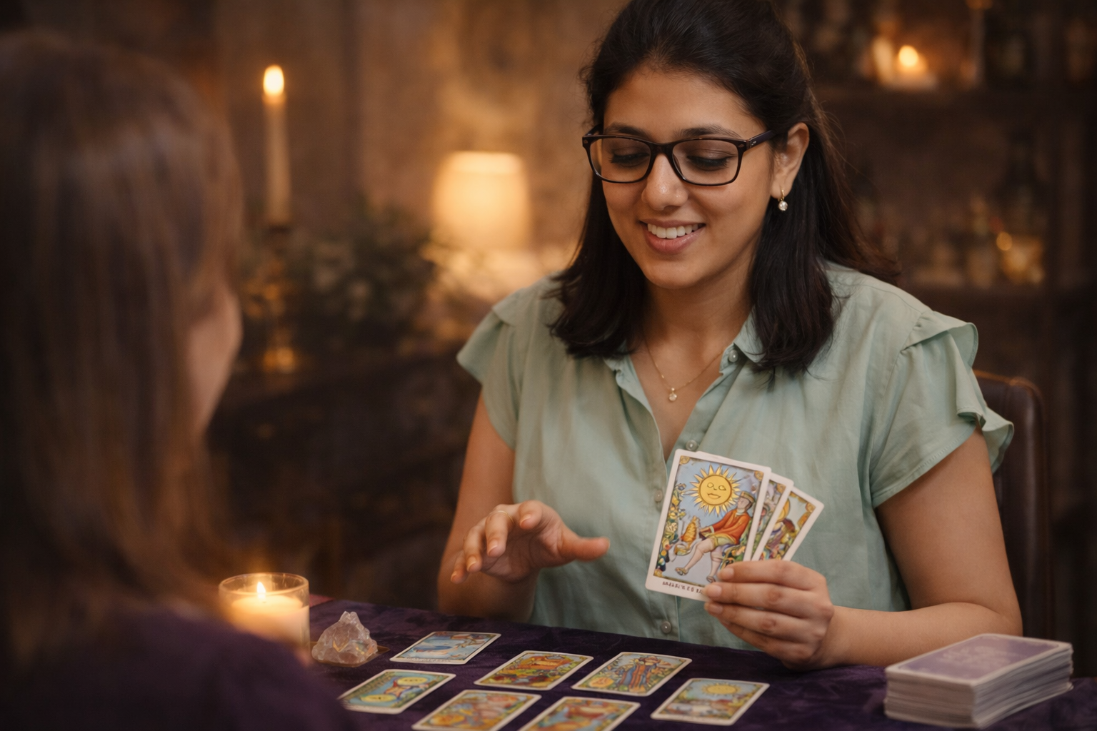 Aditi Taneja reading tarot cards for a client by candlelight
