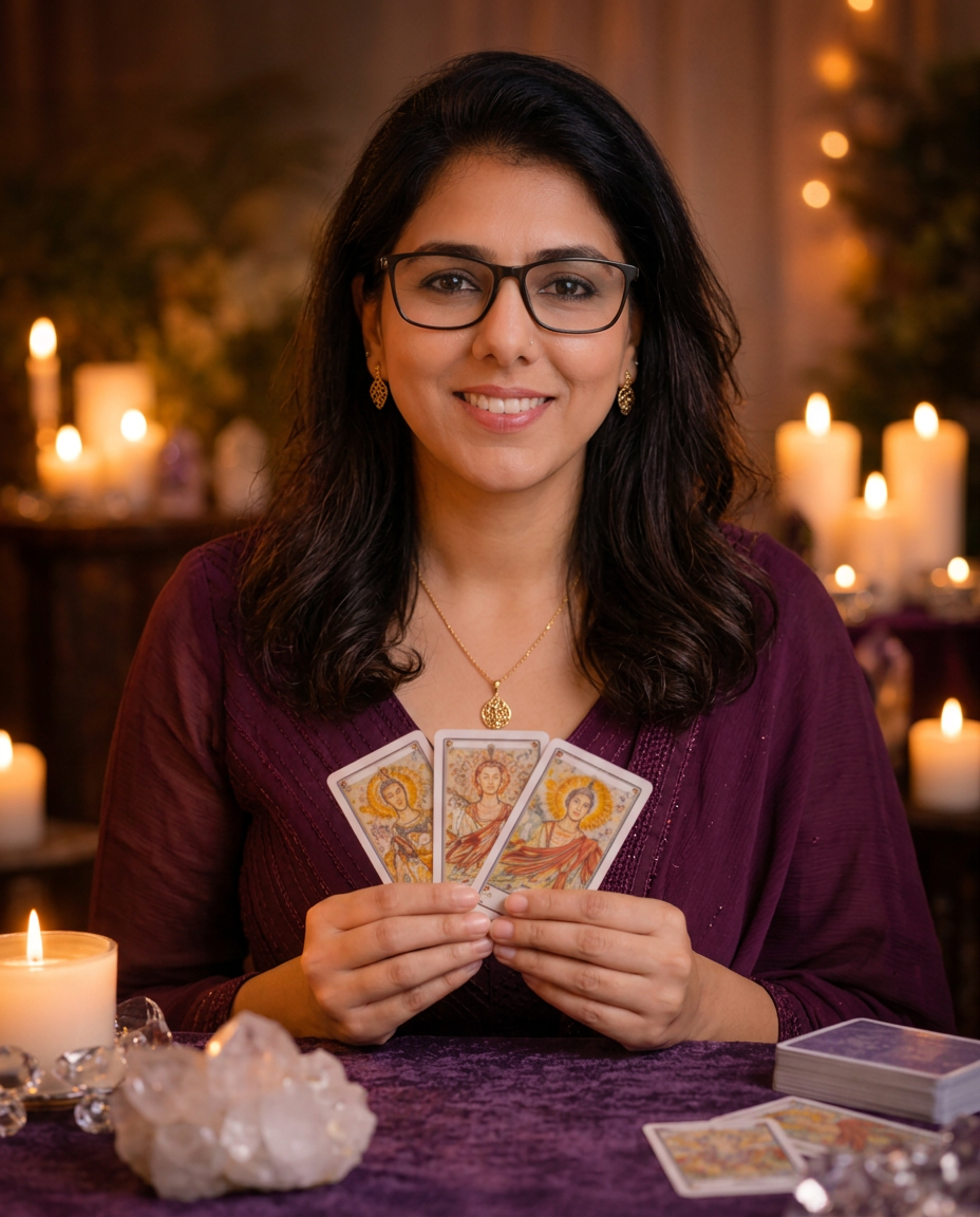 Adi, numerologist and tarot reader, holding tarot cards by candlelight