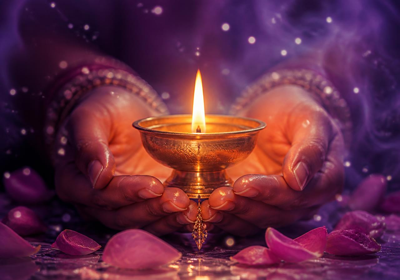 Hands cradling a brass diya with a perfectly steady flame surrounded by white light