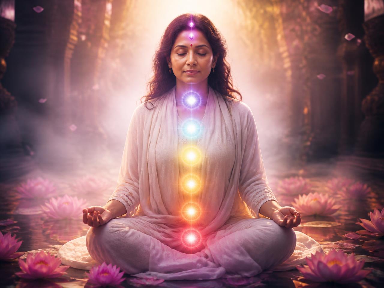A serene woman meditating with seven glowing energy centres along her body