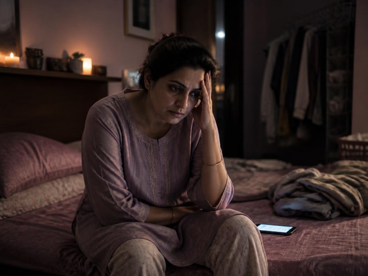 A tired woman sitting on the edge of her bed at night
