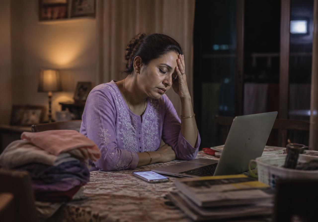 A woman sitting alone at a cluttered table at night, exhausted by everything on her mind