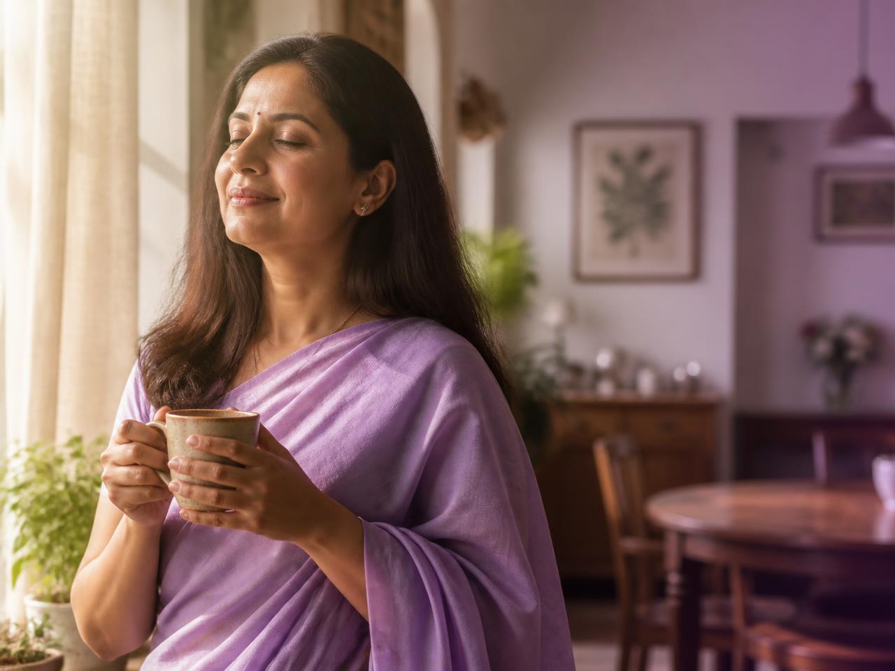 A calm, radiant woman standing by a sunlit window holding a cup of chai