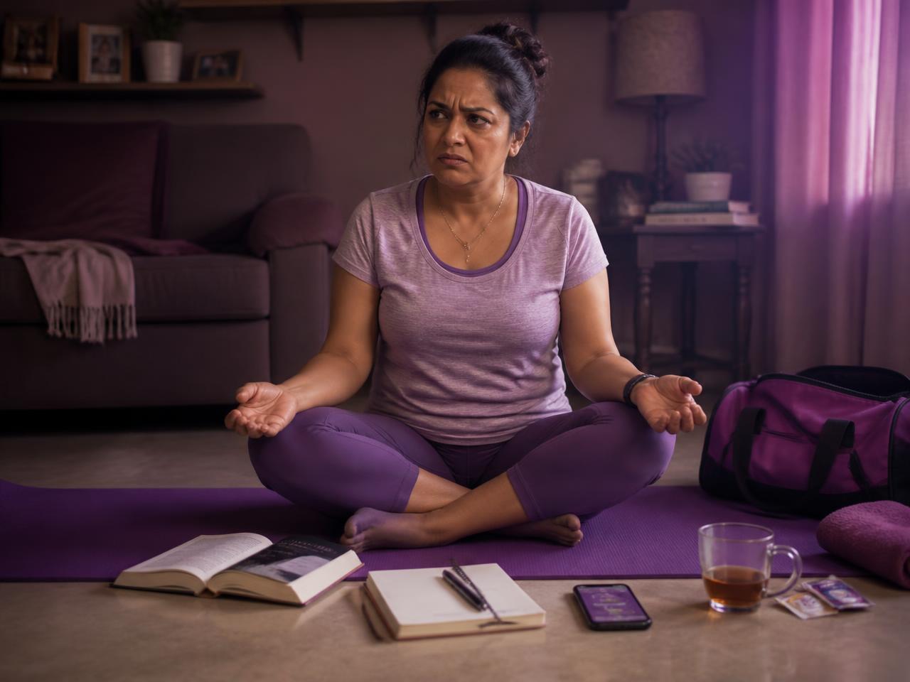 A woman frustrated while trying to meditate, surrounded by abandoned self-care attempts