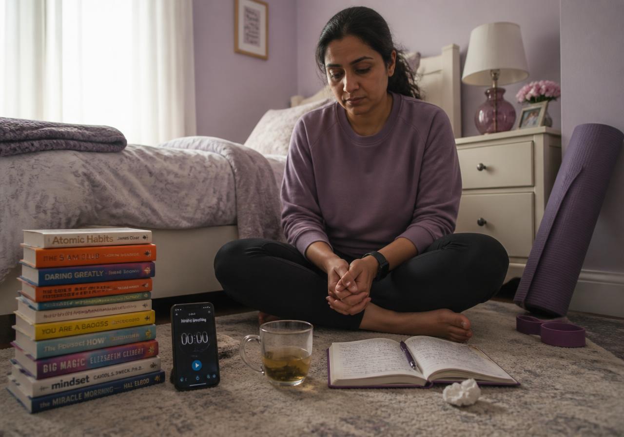 A woman surrounded by unread self-help books, an unused yoga mat and a meditation app she stopped opening